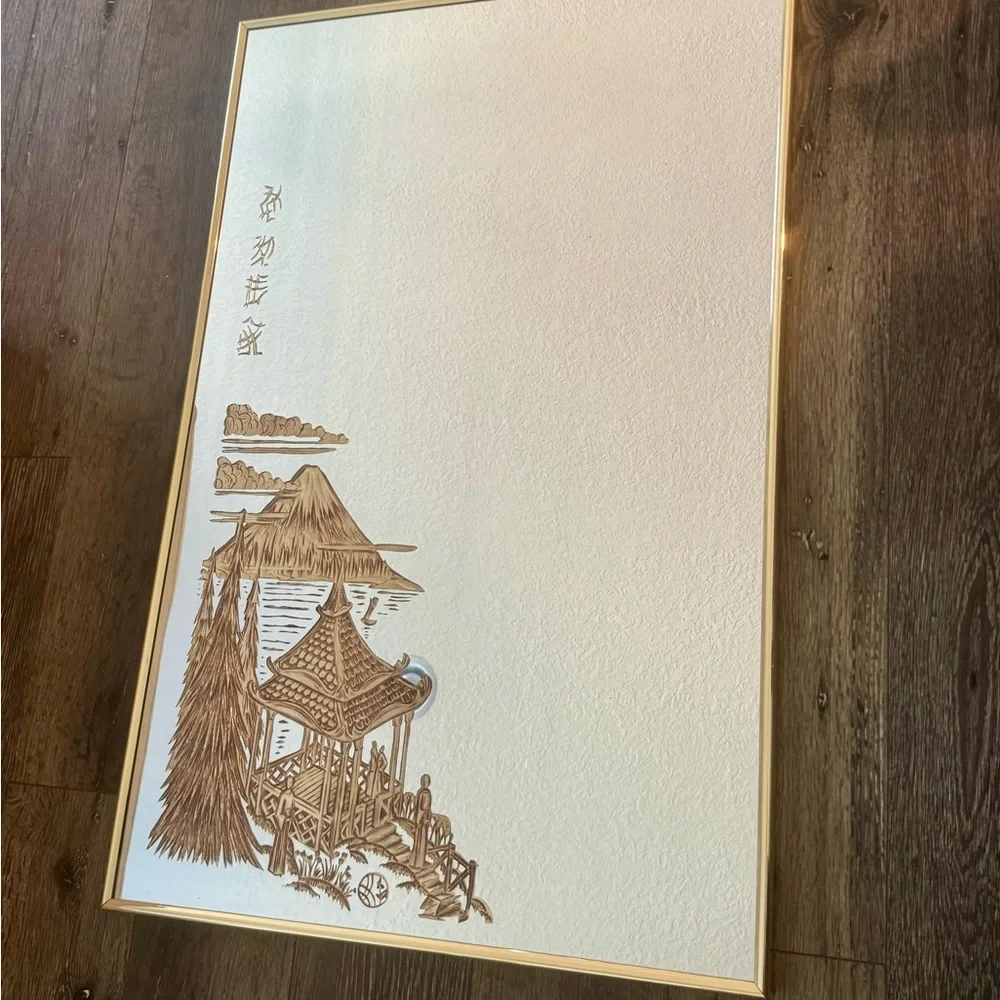 1960’s Hollywood Regency Mirror 34 X 23 Featuring Japanese Pagoda and Mt. Fuji - Picture 3 of 10